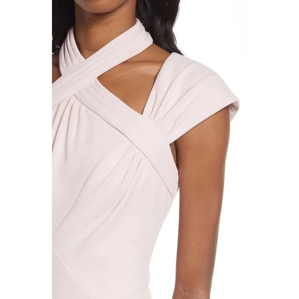 TADASHI SHOJI Cap Sleeve Cross Neck Trumpet Gown Dress Dusty Rose Large 10-12 - Picture 4 of 12